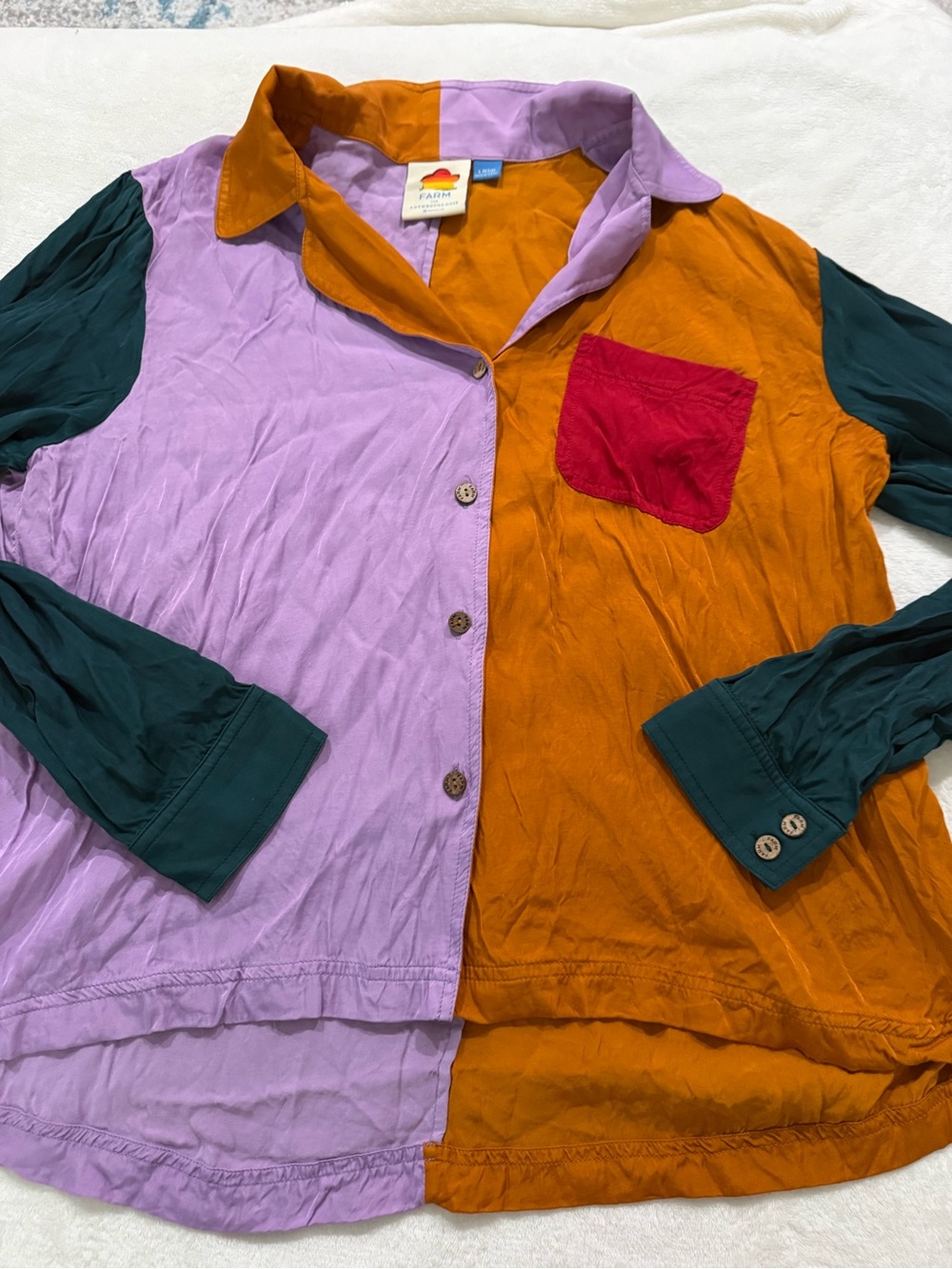 Anthropologie-FARM Rio-colorblock  Long Sleeve Button Down Shirt-Sz L Petite D81